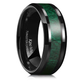 King Will &trade; 8mm Tungsten Wedding Band for Men Nature Green Maple Wood Grain Inlay Mens Wedding Ring Black Plated High Polished Beveled Edges
