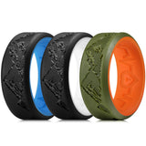 King Will &trade; Men's Silicone Wedding Bands, 8mm with Unique Mountain Peak Design, Rubber Engagement Rings for Daily Wear 3Pack Size 8 (Black & Blue + Black & White + Olive Green & Orange)