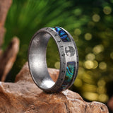 King Will &trade; 316L Stainless Steel Wedding Band - Viking Men Ring Tree of Life Rune Design and Abalone Shell Inlay, 8mm Men Ring Vintage Grey Finish