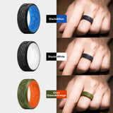 King Will &trade; Men's Silicone Wedding Bands, 8mm with Unique Mountain Peak Design, Rubber Engagement Rings for Daily Wear 3Pack Size 8 (Black & Blue + Black & White + Olive Green & Orange)