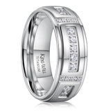 King Will &trade; Men's Titanium Wedding Band - 8mm Polished Band with Step Edges and Cross Design Featuring White Zirconia Insets