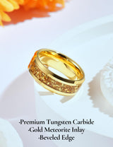 King Will &trade; 8mm Gold Tungsten Rings, Men's Wedding Rings Gold Meteorite Inlay Beveled Edge Ring for Men Women