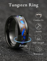 King Will &trade; 8mm Black Tungsten Rings, Men's Wedding Rings Flame orange lava sand - abalone shell - gold foil Inlay Beveled Edge Ring for Men Women