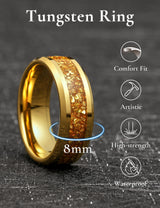 King Will &trade; 8mm Gold Tungsten Rings, Men's Wedding Rings Gold Meteorite Inlay Beveled Edge Ring for Men Women