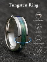 King Will &trade; 8mm Silver Tungsten Rings, Men's Wedding Rings Blue-green Quicksand Inlay Beveled Edge Ring for Men Women