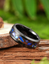 King Will &trade; 8mm Black Tungsten Rings, Men's Wedding Rings Flame orange lava sand - abalone shell - gold foil Inlay Beveled Edge Ring for Men Women
