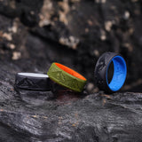 King Will &trade; Men's Silicone Wedding Bands, 8mm with Unique Mountain Peak Design, Rubber Engagement Rings for Daily Wear 3Pack Size 8 (Black & Blue + Black & White + Olive Green & Orange)
