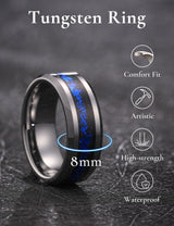 King Will &trade; 8mm Silver Tungsten Rings, Men's Wedding Rings Blue Foils Inlay Beveled Edge Ring for Men Women