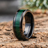 King Will &trade; 8mm Tungsten Wedding Band for Men Nature Green Maple Wood Grain Inlay Mens Wedding Ring Black Plated High Polished Beveled Edges