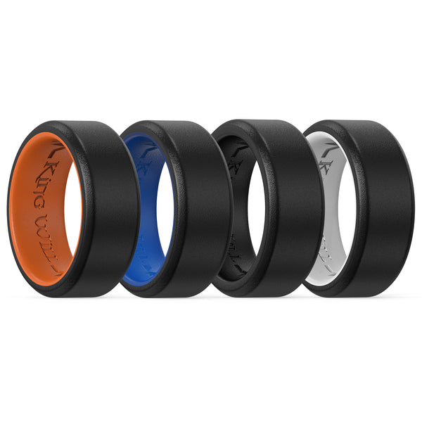 King Will &trade; 8mm Silicone Rings for Men Women Rubber Wedding Bands-4Pack-Black&Black, Black&White, Black&Blue, Black&Orange