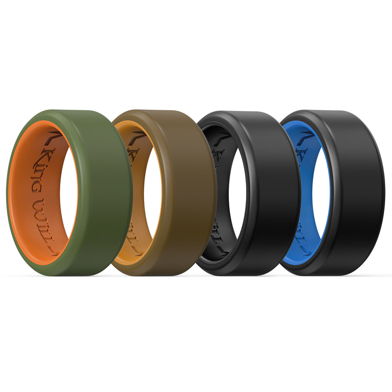 King Will &trade; 8mm Silicone Rings for Men Women Rubber Wedding Bands-4Pack-Black&Black, Black&Blue, Brown&Coffee, Green&Orange