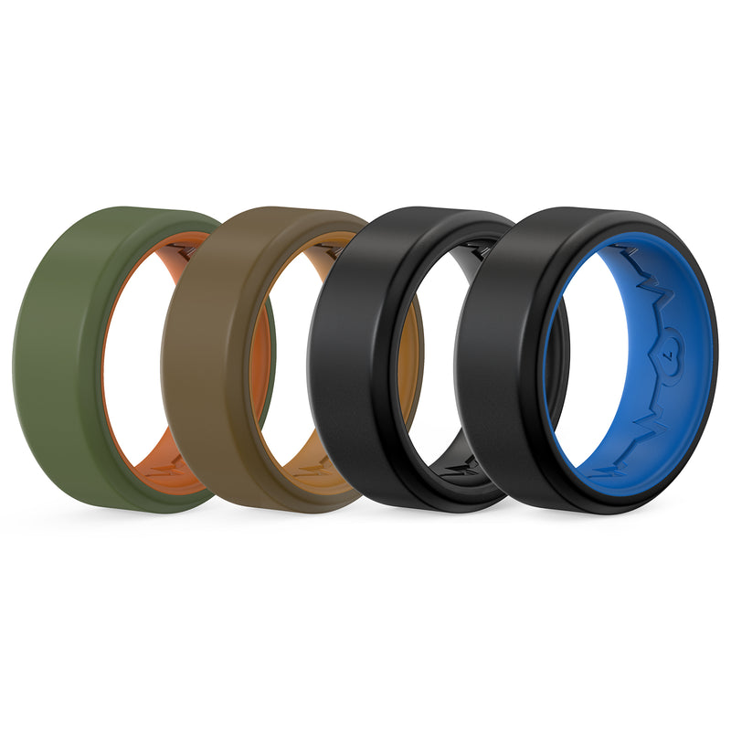 King Will &trade; 8mm Silicone Rings for Men Women Rubber Wedding Bands-4Pack-Black&Black, Black&Blue, Brown&Coffee, Green&Orange