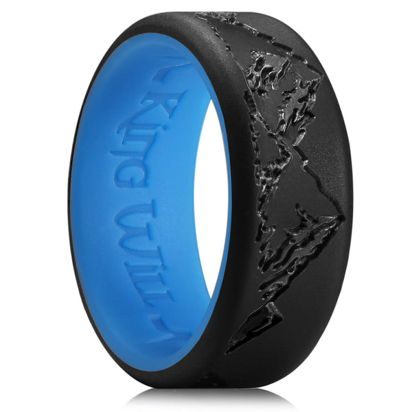 King Will &trade; 8mm Black & Blue silicone wedding ring for Men mountain peak design