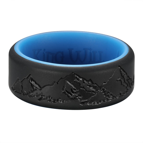 King Will &trade; 8mm Black & Blue silicone wedding ring for Men mountain peak design