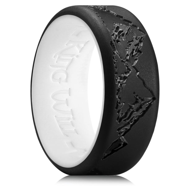 King Will &trade; 8mm Black & White silicone wedding ring for Men mountain peak design