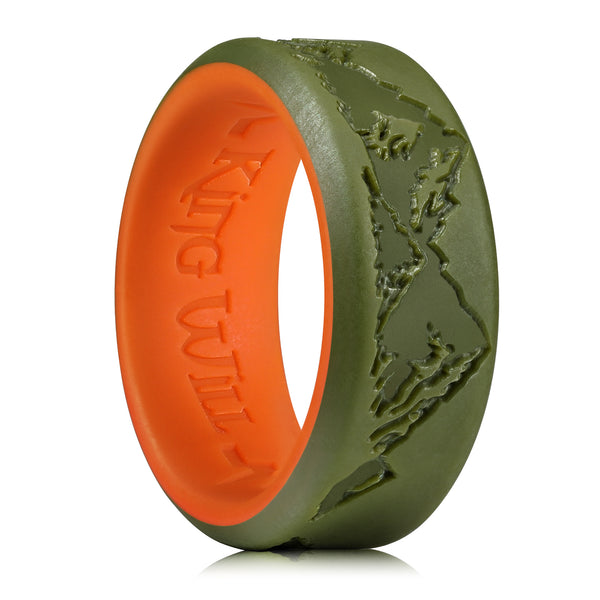 King Will &trade; 8mm Olive Green & Orange silicone wedding ring for Men mountain peak design