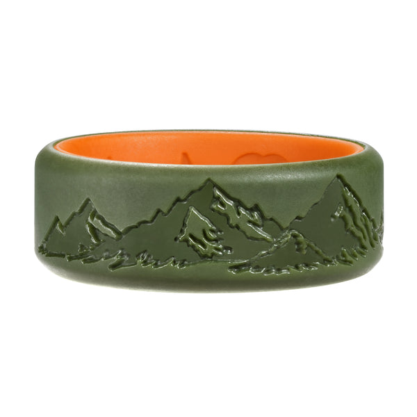 King Will &trade; 8mm Olive Green & Orange silicone wedding ring for Men mountain peak design