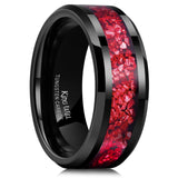 King Will Mens Black Tungsten Wedding Bands Red Meteorite Inlay 8mm High Polished Beveled Edge Engagement Ring for Couples Promise Ring Comfort Fit