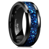 King Will Meteorite Tungsten Rings for Men 8mm Blue Opal Inlay Wedding Bands Black Plated Polished Beveled Edge Engagement Anniversary Comfort Fit