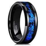 King Will Mens 8mm Black Tungsten Carbide Wedding Ring Blue Foils Inlay Tungsten Ring Beveled Edge Tungsten Ring