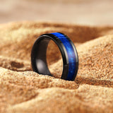 King Will 8mm Black Tungsten Anniversary Band for Men, Blue Sand Inlay, Beveled Edge, Comfort Fit