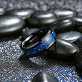 King Will Meteorite Tungsten Rings for Men 8mm Blue Opal Inlay Wedding Bands Black Plated Polished Beveled Edge Engagement Anniversary Comfort Fit