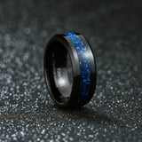 King Will Meteorite Tungsten Rings for Men 8mm Blue Opal Inlay Wedding Bands Black Plated Polished Beveled Edge Engagement Anniversary Comfort Fit