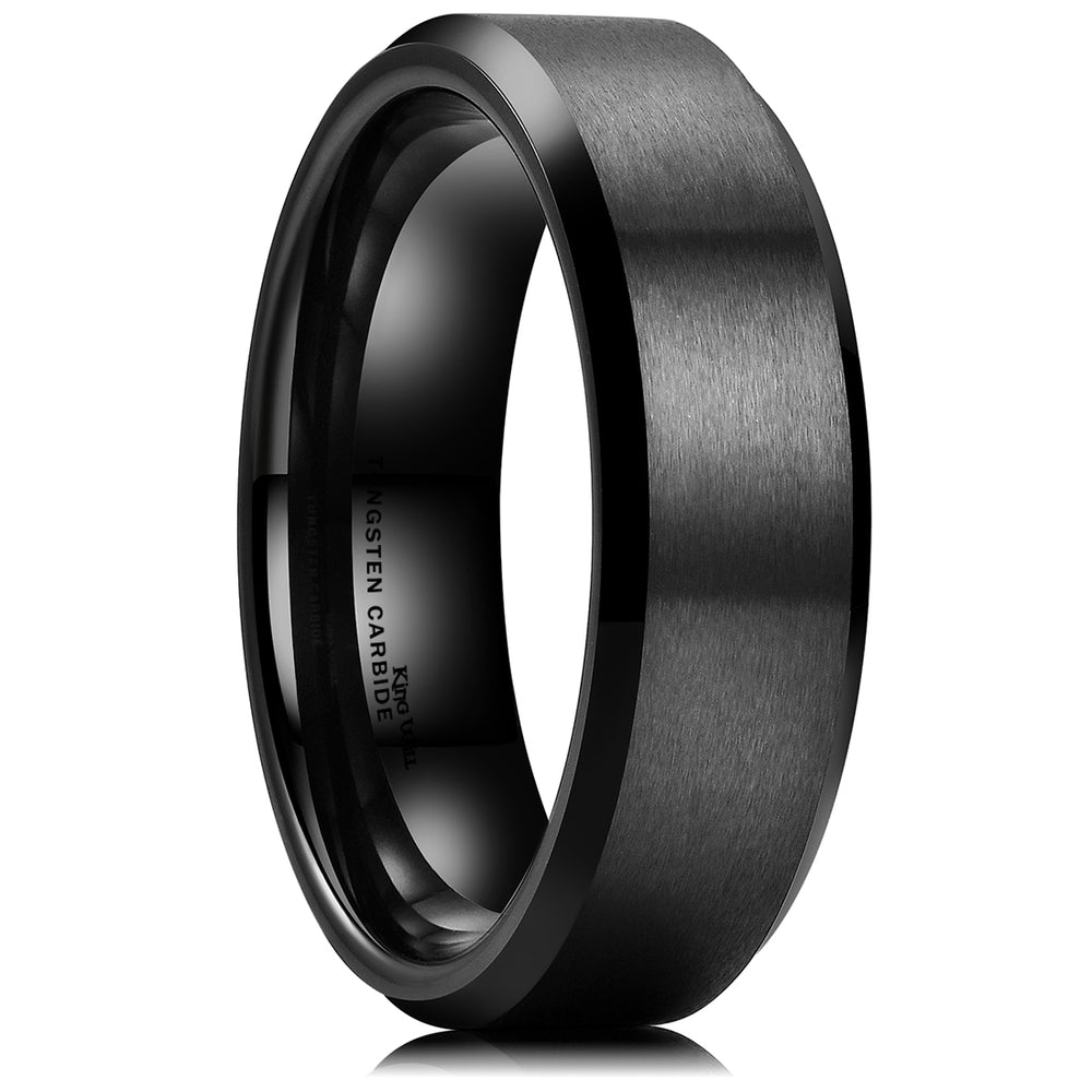 Deux tons argent et noir 8mm brossé bords biseautés tungstène CNC anneau classiq Deux tons argent et noir 8mm brossé bords biseautés tungstène CNC anneau classiq